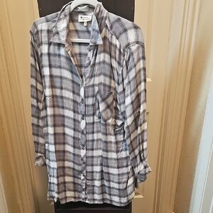 Women's Casual Plaid Button Down Tunic Length Shirt - Black, Gray, and White